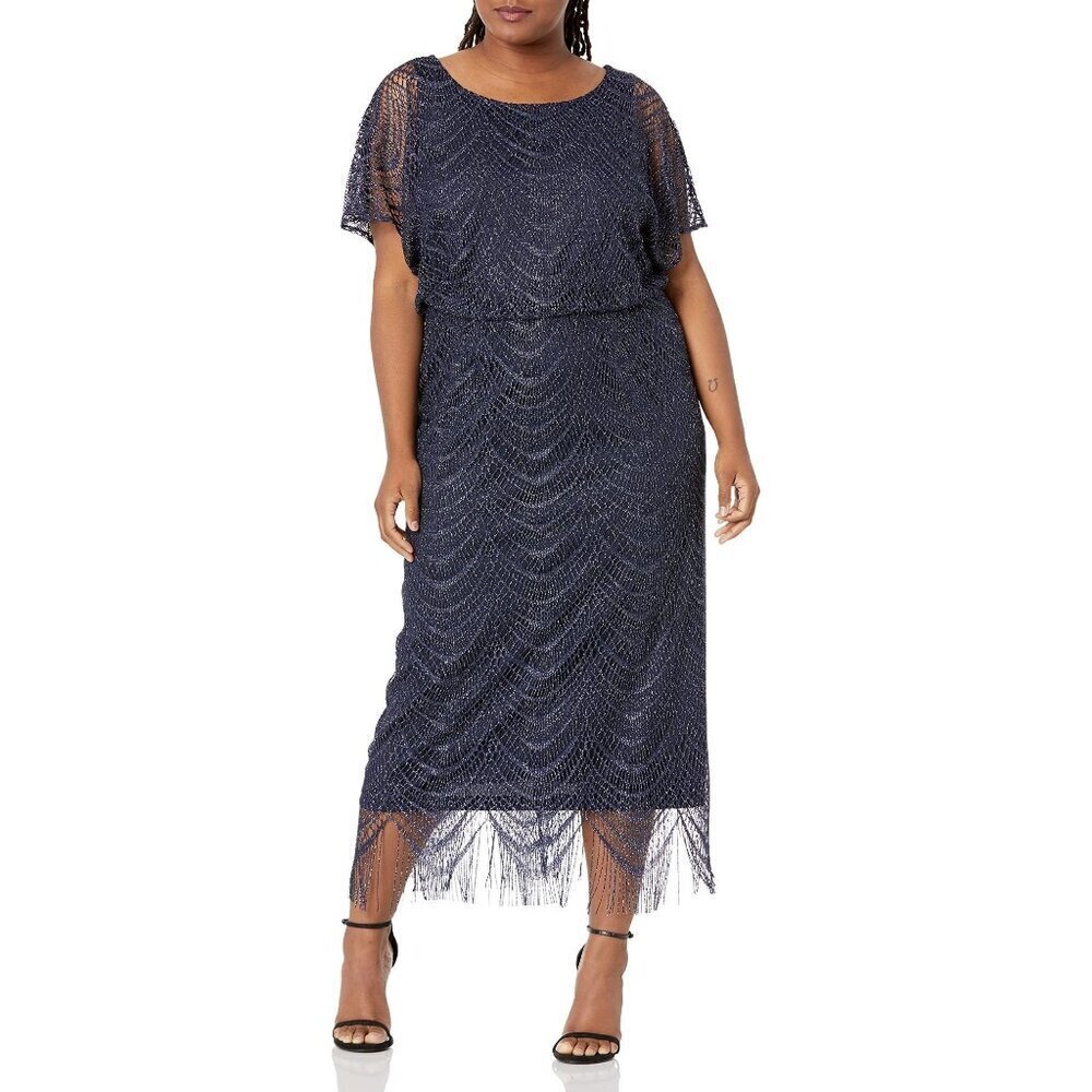 NWT S.L. Fashions 18W Blouson Metallic Crochet Dress Fringe Hemline, Navy Silver